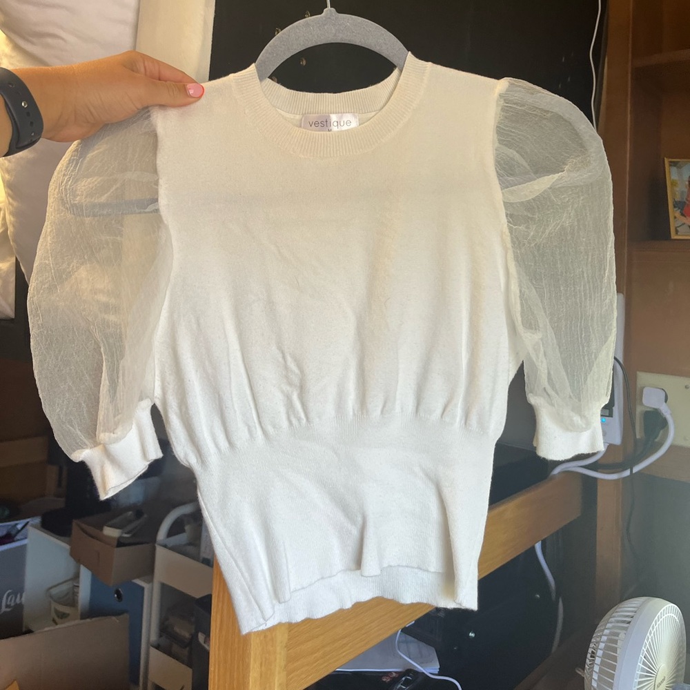 White Vestique sweater top with sheer puff sleeves